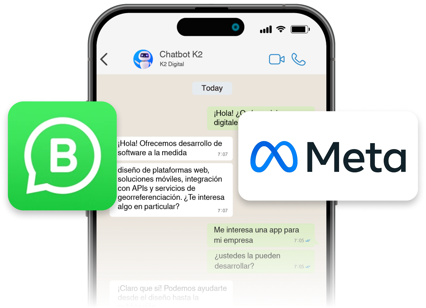 Celular mostrando un chat de WhatsApp con logos de Meta y Business